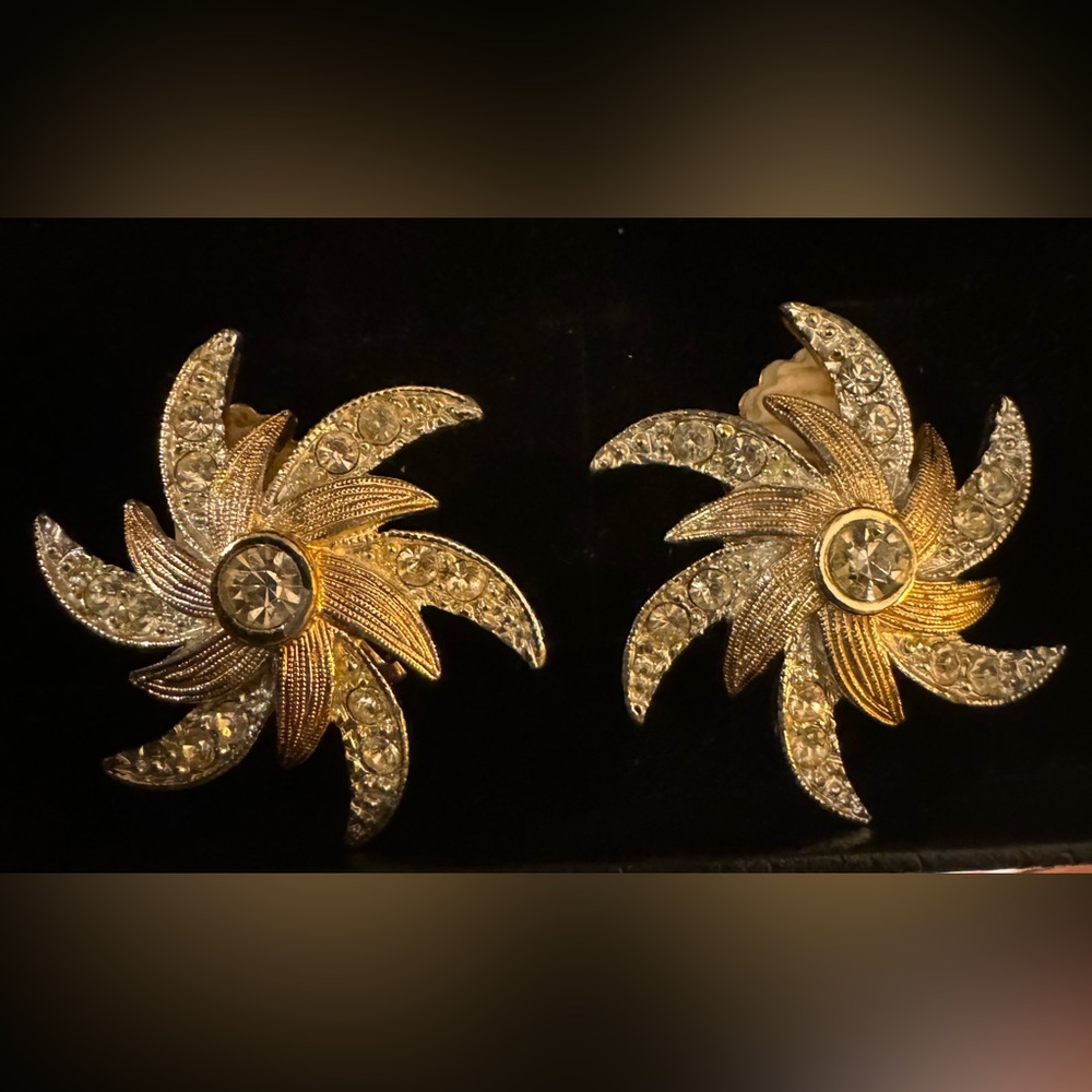 Vintage Sarah Coventry Earrings Crystal Starburst Clip On Gold/Silver Tone